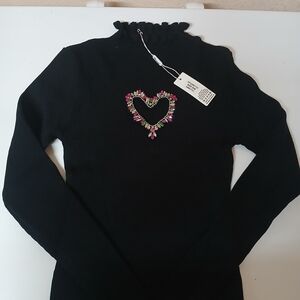 Black Ribbed Mock Neck Sweater with Beaded Heart